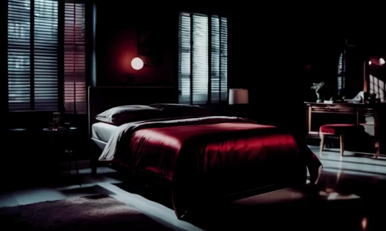 Image of a darkly light bedroom with a bed draped in red silk sheets with a red theme. The image captures the intense scene of the installment that takes place a bedroom