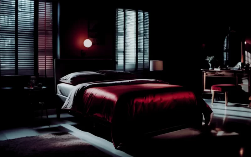 Image of a darkly light bedroom with a bed draped in red silk sheets with a red theme. The image captures the intense scene of the installment that takes place a bedroom