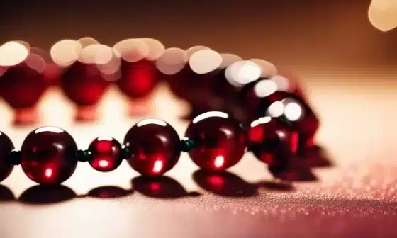 Image of a beaded bracelet with red beads like droplets of blood. This bracelet fits into the narrative of the serial killer thriller Dancing with Darkness: The Bloody Tulip - Part 16