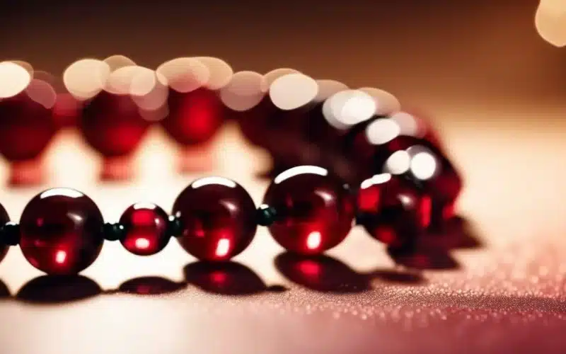 Image of a beaded bracelet with red beads like droplets of blood. This bracelet fits into the narrative of the serial killer thriller Dancing with Darkness: The Bloody Tulip - Part 16