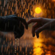 Two hands nearly touching in heavy rain during climactic confrontation scene from psychological thriller The Bloody Tulip series descending into darkness