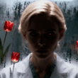 A shadowed female surgeon—Ayuna Hartman—stands before a dim mirror, reflection split between healer and predator. A faint red tulip glows on her chest pocket; cinematic imagery symbolizing Ayuna Hartman’s dark psychological diary “Whispers Beneath My Name” from The Bloody Tulip series.